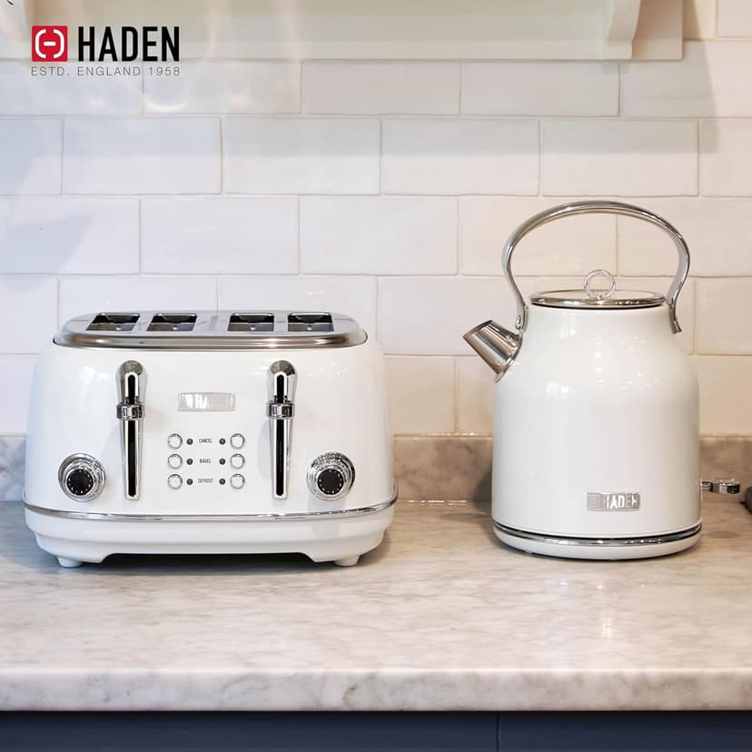 HADEN Heritage Stainless Steel Body Retro Electric Tea Kettle, White and Haden Heritage 4 Slice Wide Slot Stainless Steel Retro Toaster, White