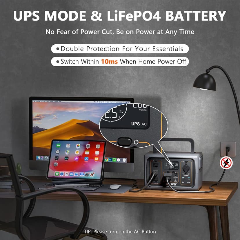 ALLWEI LiFePO4 Portable Power Station 500W(Peak 1000W), 512Wh Solar Generator with UPS Function, 2.5Hrs Fast Charge, 160000mAh Home Battery Backup for CPAP Outdoor RV/Van Camping Emergency