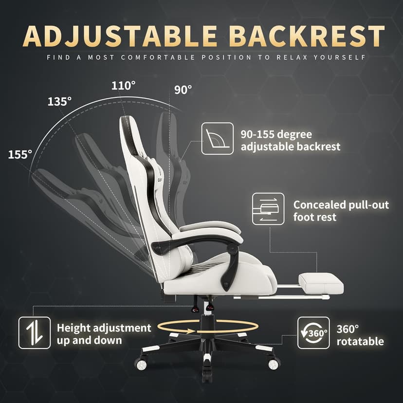 Gaming Chair, 400 lbs Adult Chair, High Back Computer Chair with Footrest and Linked Armrests, Office Video Game Chair with Lumbar Support(White)