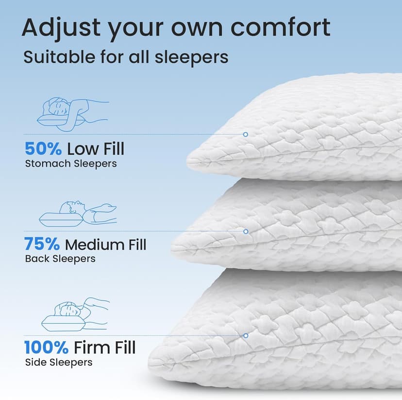 Original Adjustable Bed Pillow for Sleeping, Good for Side, Back & Stomach Sleeper with Washable Removable Cover, Additional Foam Fill Included