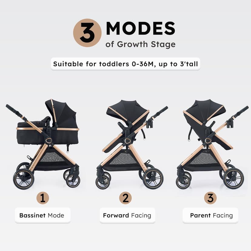 2 in 1 Baby Stroller, Convertible Bassinet Pushchair for Infants and Newborns 0-36 Months