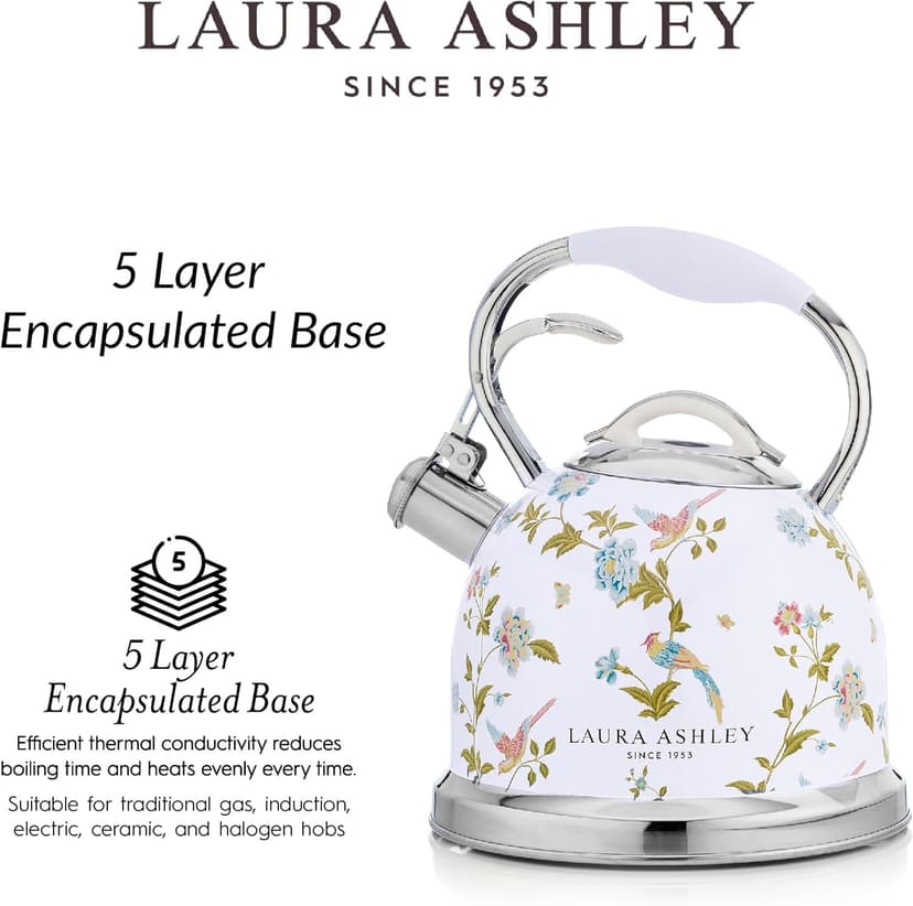 Laura Ashley Elveden White Stovetop Kettle with Whistle - 2.5L Fast Boil Stainless Steel Kettle Stove Top - Silicon Coated Cool Handle Camping Kettle for Gas, Induction Hob - Compatible with Aga Stove