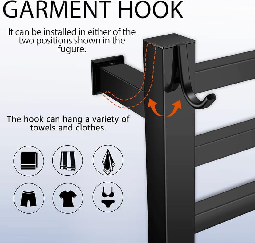 Black Towel Warmer Rack for Bathroom with Timer/Fahrenheit Display Electric Heated 10 Bars Drying Rail Plug-in or Hardwired Wall Mounted Heating Bath Towel Warming(Matte Black)