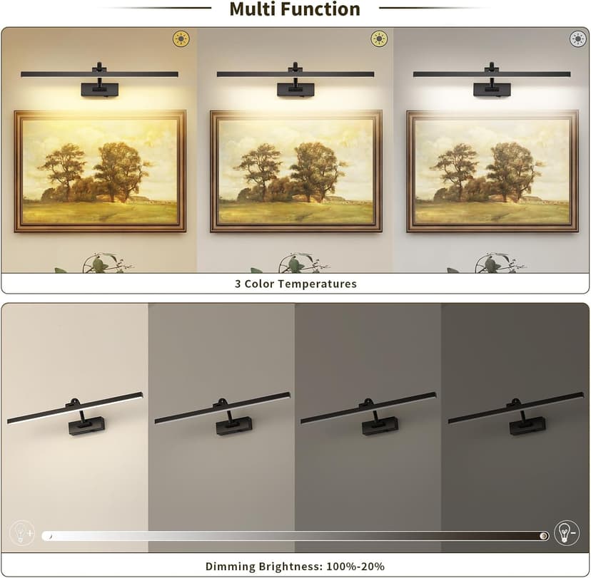 Wireless Picture Lights for Wall Battery Operated, Black Art Lighting for Paintings Rechargeable Gallery lights with Remote and Timer 3CCT Dimmable Painting Lights for Artwork Portrait 23.62 inch