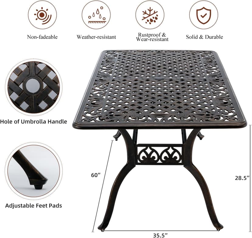 7-Piece Cast Aluminum Outdoor Table and Chairs, Antique Bronze Patio Dining Set for 6 Include 60" Rectangular Outdoor Dining Table and 6 Swivel Chairs with Removable Cushion and Umbrella Hole