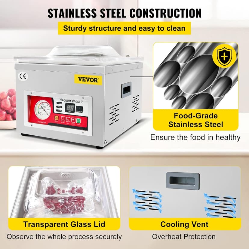 VEVOR Chamber Vacuum Sealer, DZ-260A 6.5 cbm/h Pump Rate, Excellent Sealing Effect with Automatic Control, 110V/60Hz Professional Foods Packaging Machine Used for Fresh Meats (260W)