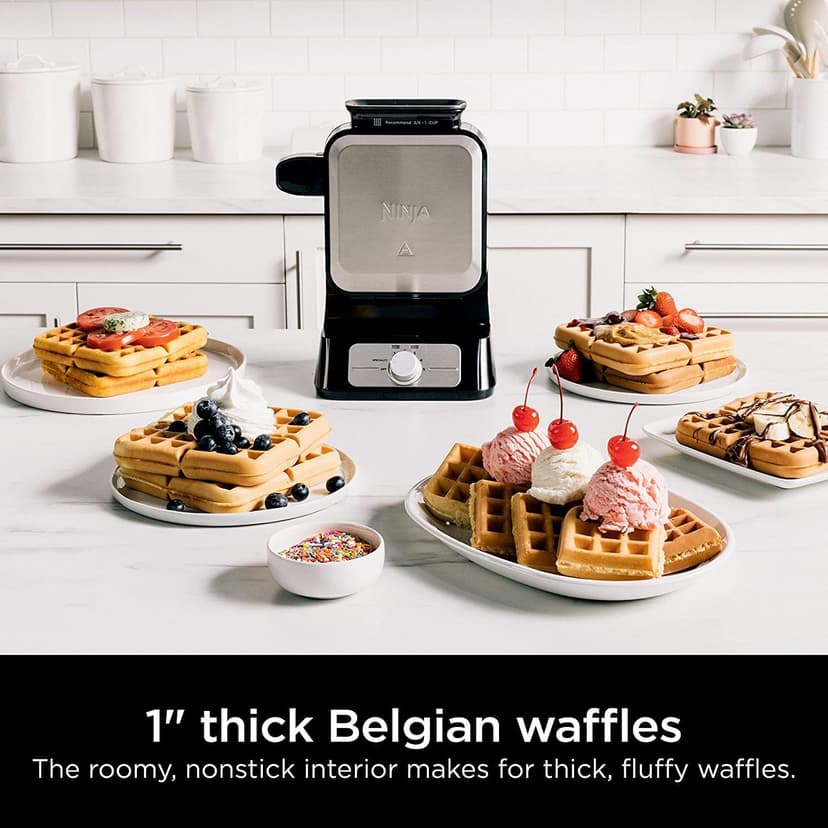 Ninja BW1001 NeverStick PRO Belgian Waffle Maker, Vertical Design, 5 Shade Settings, Precision-Pour Cup NOT Included* (Renewed) (White)