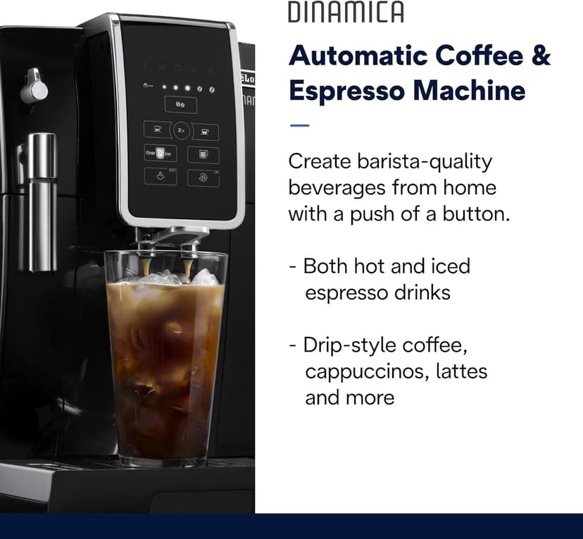 De'Longhi Dinamica Espresso Machine, Black - Automatic Bean-to-Cup Brewing, Built-In Steel Burr Grinder & Manual Frother - One-Touch Hot & Iced Coffee - Easy Cleanup