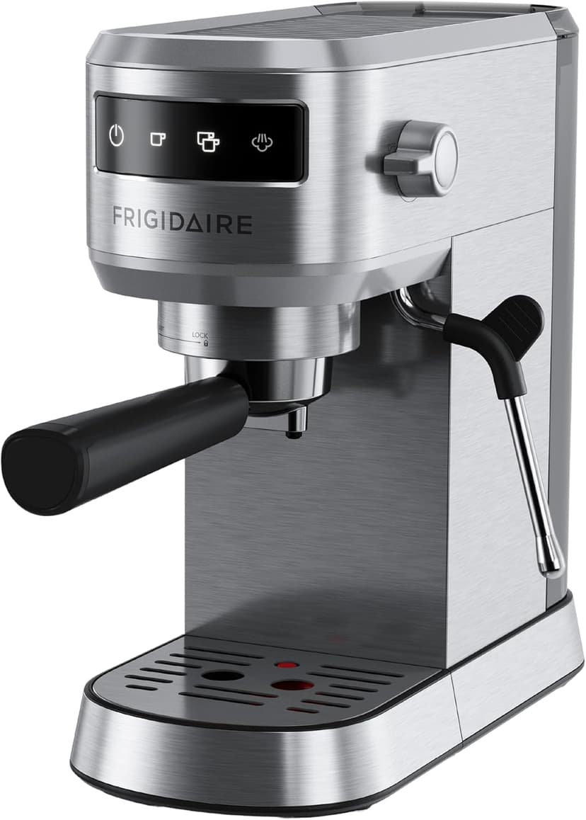 Frigidaire Steam Espresso Maker, Coffee Machine with Milk Frother & Cup Warmer, 20 Bar Pressure, 34 oz Removable Water Tank, Single or Double Shot, Stainless Steel