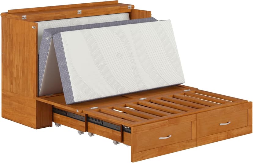 AFI Hamilton Full Murphy Bed Chest with Mattress, Storage, and Built-in Charger in Light Toffee