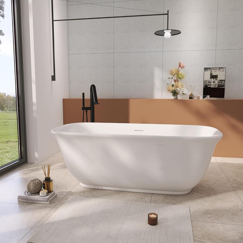 59" Acrylic Freestanding Bathtub, Soaking Tub for Bathroom, Stand Alone Tub, cUPC Certified, Integrated Overflow and Drain, Gloss White
