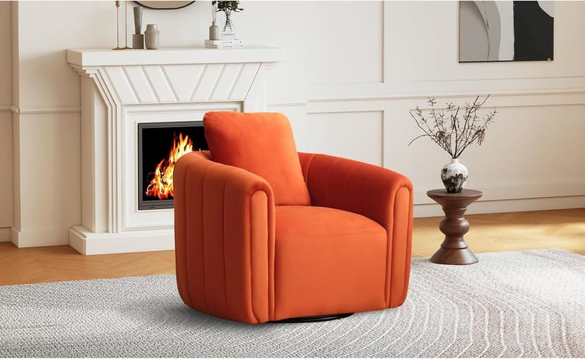 CANMOV Swivel Accent Chair with Pillow,360-degree Swivel Barrel Chair with Curve Backrest, Comfy Velvet Pumpkin-Shaped Round Armchair Modern Single Sofa for Living Room,Bedroom,Waiting Room,Orange