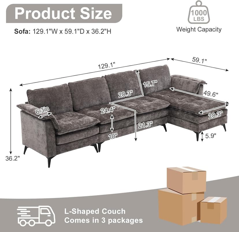 VINGLI 129'' Reversible Sectional Couches for Living Room,L-Shaped Couch Sofa Set with Chaise,Comfy Cloud Couches in Lattice Decored Seat Cushion with Double Pads, Grey