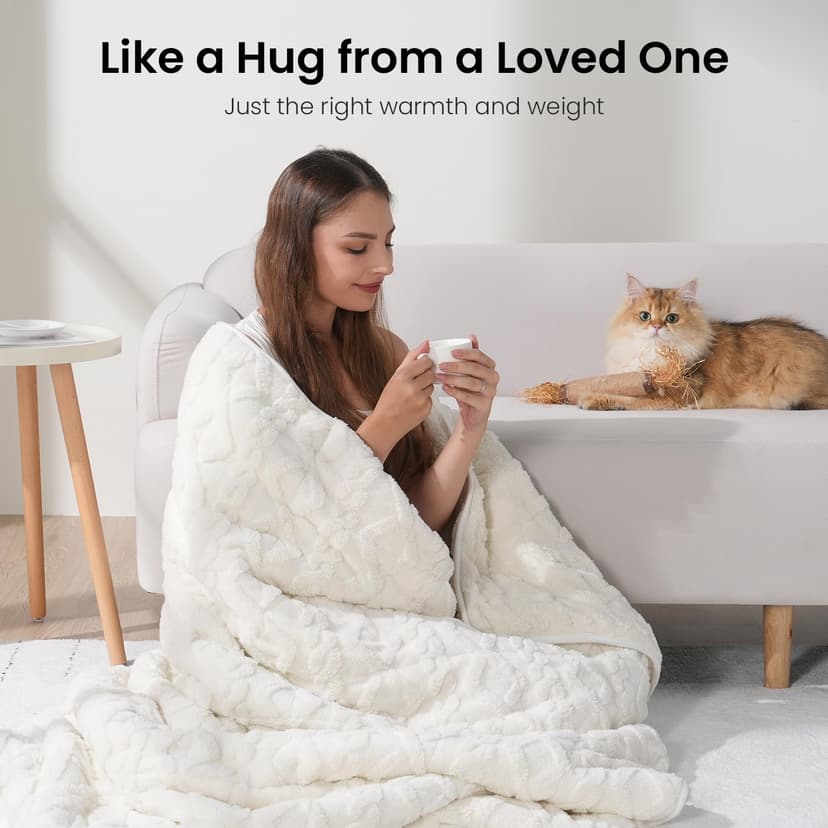 Drewin Weighted Blanket 15lbs Queen Size, Soft and Thick Jacquard Sherpa Heavy Blanket for Calming and Relax, Dual Sided Ultra Soft Fuzzy Throw Blanket with Ceramic Beads, 60 x 80 inches, Cream White
