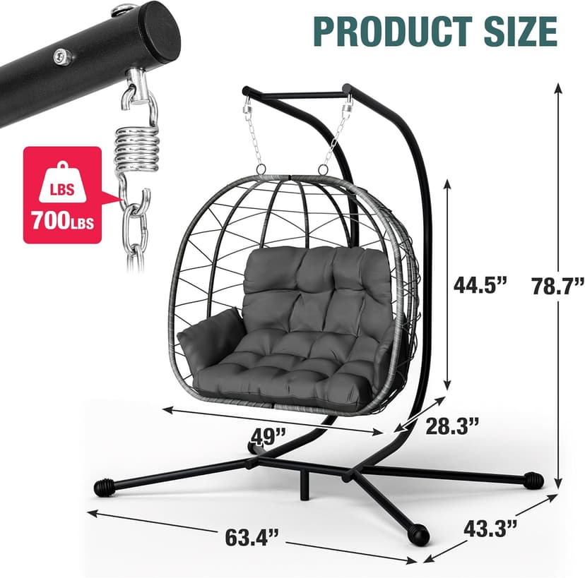 Pamapic Double Egg Chair wth Stand, 700 LBS Loveseat Rattan Swing Chair, UV Resistant Cushions with Armrests and Headrest, Thick Steel Frame Hammock Swing for Outdoor, Patio, Indoor(Grey)