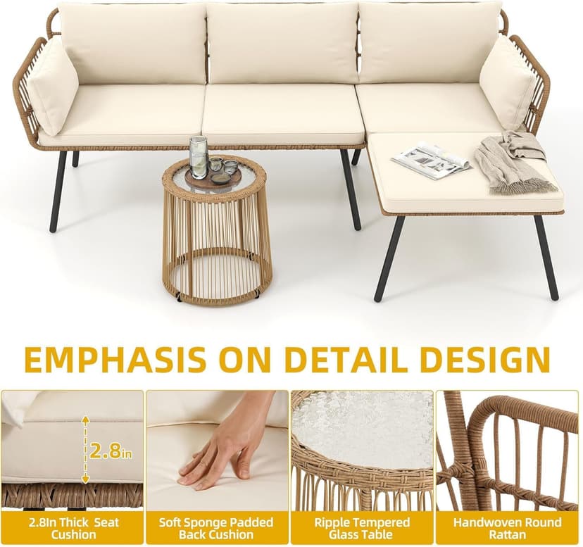 DWVO Patio Furniture Set 3 Piece Outdoor Wicker Conversation Set with Detachable Cushions and Coffee Table L-Shaped Sectional Sofa Set Outdoor Furniture Set for Backyard Porch Deck - Beige