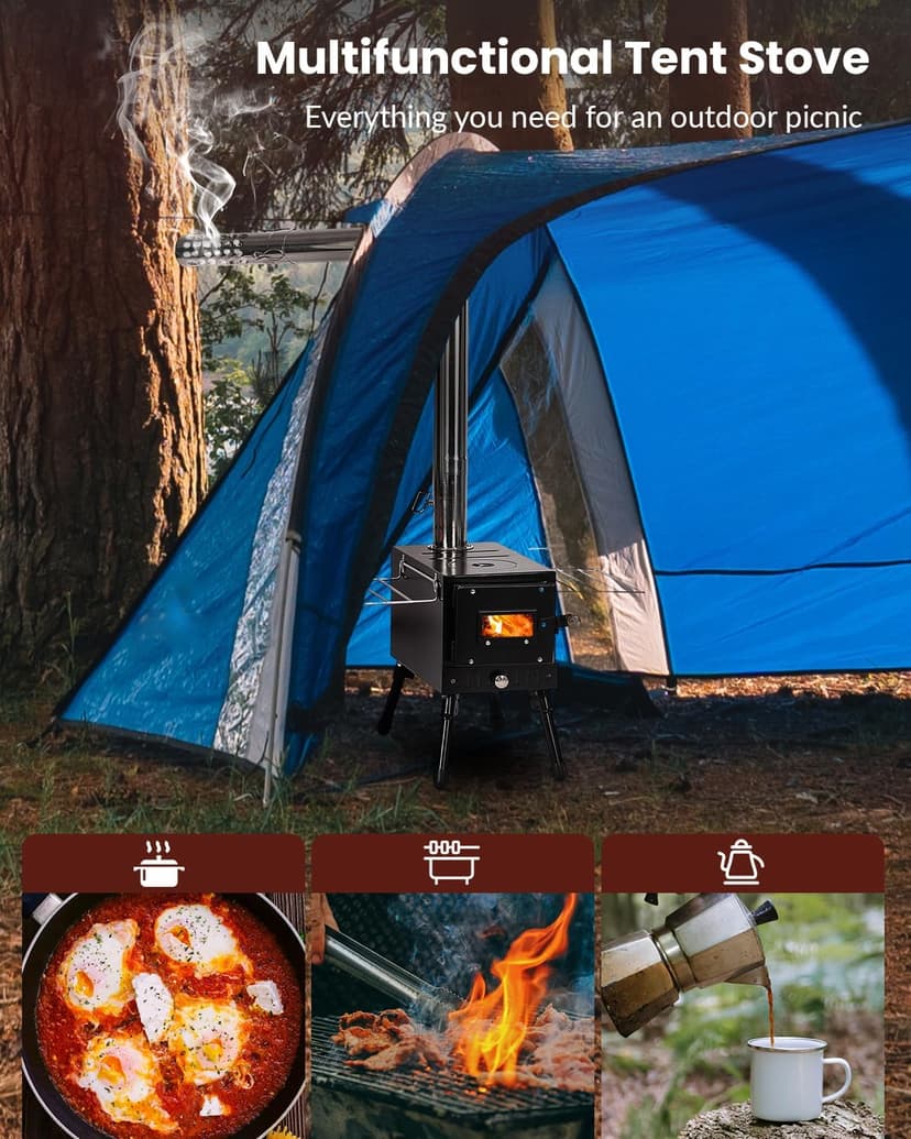 Wood Stove, Portable Tent Stove with 7-Section Stainless Steel Chimney, HeatControl Stovepipe and Elbow Pipe, Wood Burning for Outdoor Camping and Ice Fishing