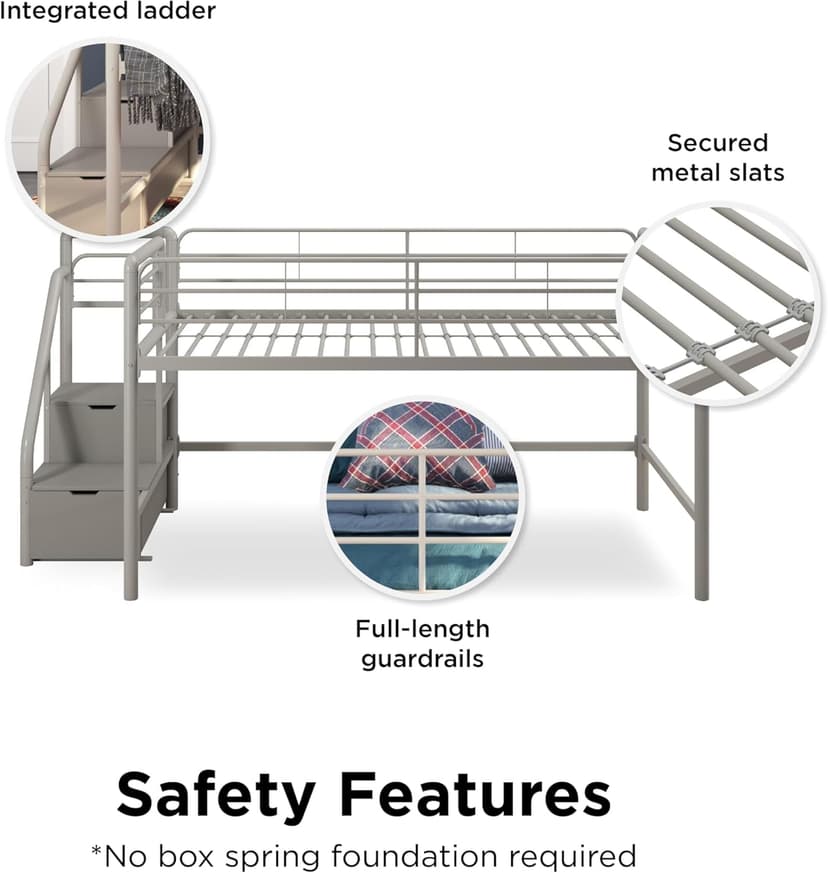 DHP Junior Twin Metal Loft Bed with Storage Steps, Multifunctional Space-Saving Solution - Silver with Gray Steps
