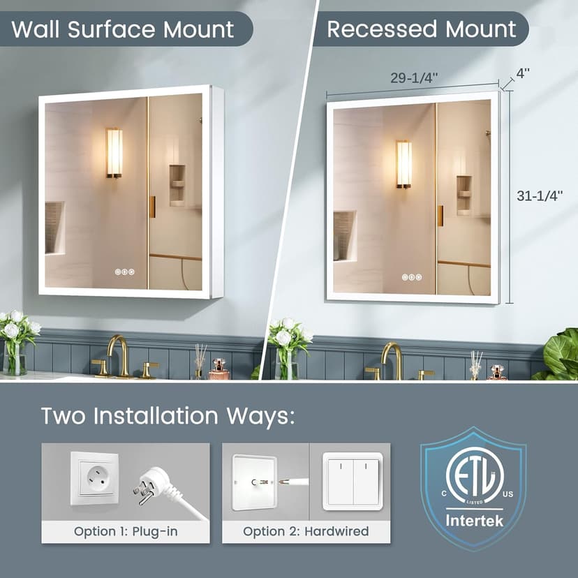30x32 Inch Lighted Medicine Cabinet, AL Alloy Frame, Plug-in or Hardwired, Recessed or Wall Mount, Mirror Doors/3 Colors/Dimmable/Interior Sensor Light/Anti-Fog, 2 Outlets &USBs, 3 Shelves