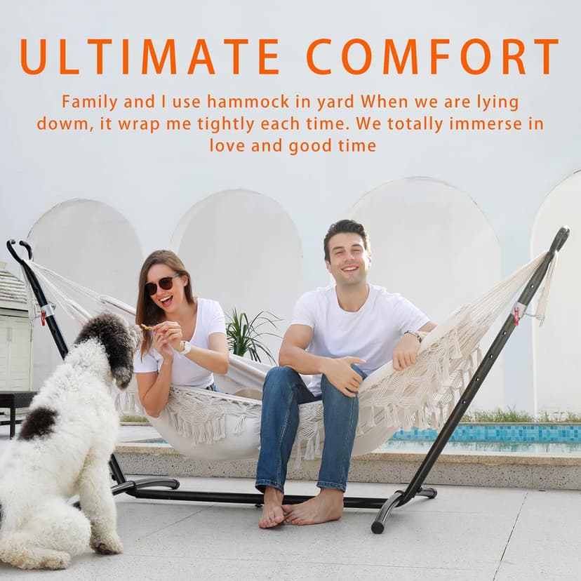 Double Hammock with Stand Upgraded Phone Holder Portable Heavy Duty Stainless Steel Indoor Outdoor Patio Yard Beach with Carrying Case （2022 Beige）
