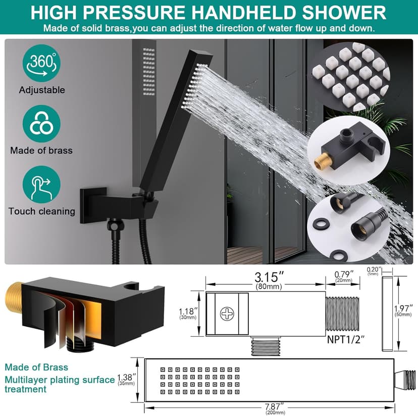 HOMEDEC Double Shower Heads Full Body Shower System with 6pcs Body Jets, 3-in-1 Function 14x20inch and 6inch Showerheads, Rainfall Shower System, Black