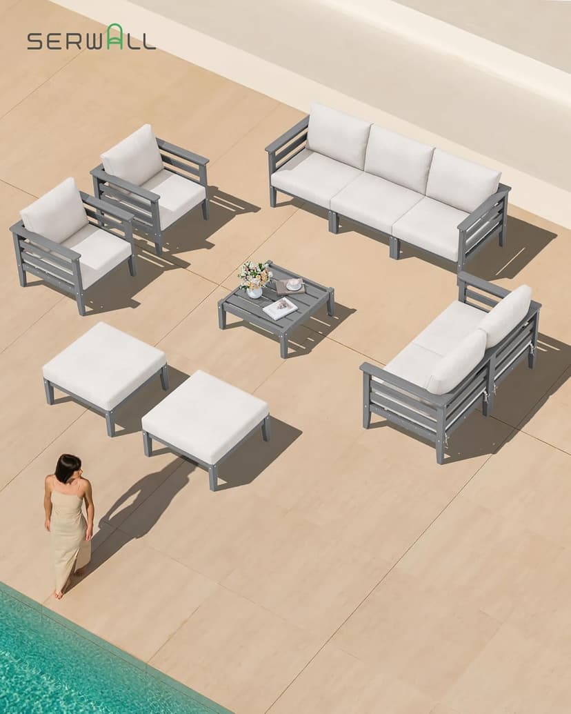 SERWALL HDPE Patio Furniture Set, 10 Pieces Outdoor Sectional Sofa Set, All-Weather Wood-Like Outdoor Sofa Couch with Coffee Table for Deck, Lawn, Grey Frame with Khaki Cushion
