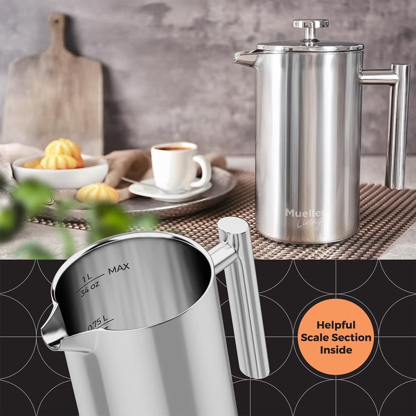 MuellerLiving French Press Coffee Maker 34oz, Stainless Steel French Press Coffee, 4 Filter Heat Resistant Double Insulated, Rust-Free, Food Grade, Dishwasher Safe Coffee Pot
