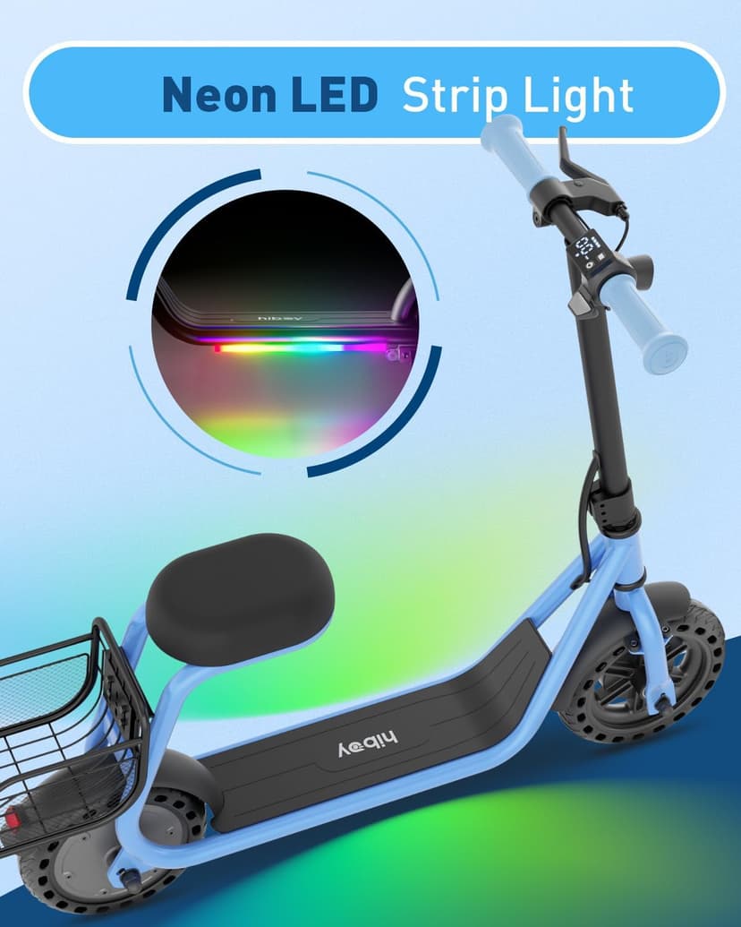 Hiboy Q2 Lite Electric Scooter with Seat for Kids Ages 4-10 - UL Certified, Up to 9.3 MPH with 100W Motor, 3-Speed Adjustable, Rear Basket, LED Neon/Brake Lights, LCD Display