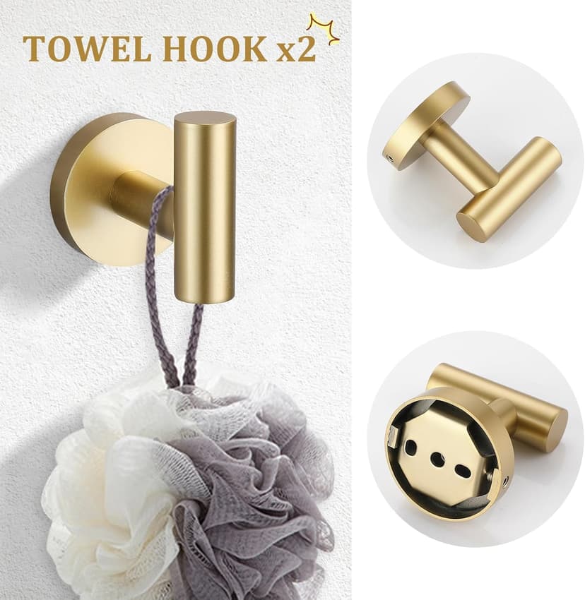 TURS Brushed Gold 5 Piece Bathroom Hardware Set, SUS304 Stainless Steel 24 Inch Bath Towel Bar Set, Round Bathroom Accessories Kit Wall Mounted