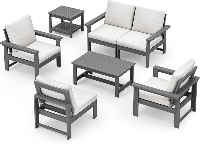SERWALL HDPE Patio Furniture Set, 7-Piece Outdoor Sectional Sofa Set, All Weather Outdoor Couch Set for Deck, Lawn, Grey Frame with Khaki Cushion