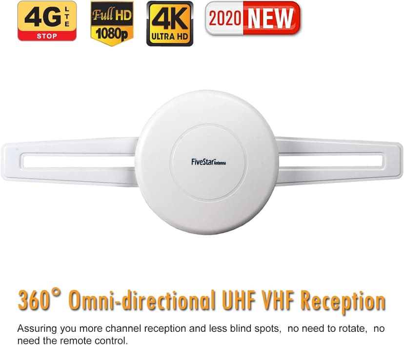 Five Star HDTV Antenna - 360° Omnidirectional Amplified Outdoor TV Antenna up to 150 Miles Indoor/Outdoor,RV,Attic 4K 1080P UHF VHF Supports 4TVs Installation Kit & Mounting Pole