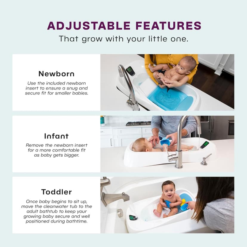 4moms Cleanwater Tub, 3-in-1 Grow-with-Me Baby Bathtub with Digital Thermometer for Newborns to Toddler, Assembled in The USA