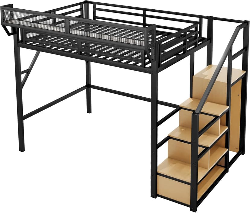 Full Size Loft Bed with Stairs and Storage, Metal Loft Bed Frame with Bedside Shelf and Large Under-Bed Space, Heavy-Duty Bed for Adults Teens and Kids, Black