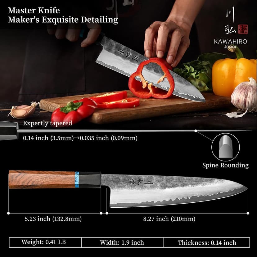 KAWAHIRO Japanese Chef Knife, 210mm Black Forged VG10 Kitchen Knife, Handcrafted Professional Chefs Knife with Ergonomic Handle, Perfect Birthday Gifts for Men Women, Luxury Gift Wood Box