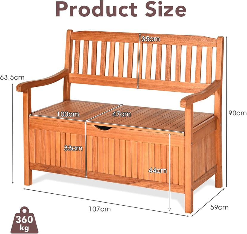 Safstar Outdoor Patio Bench with Storage Box, 33 Gallon Capacity, Wooden Frame, Eucalyptus Material, Natural Color, 42 x 23 x 35.5 Inches