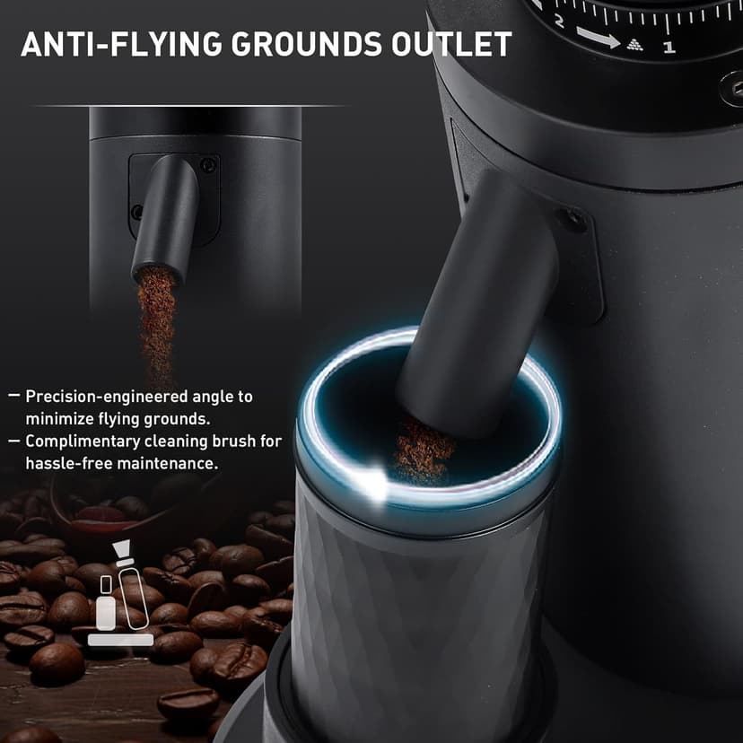 Huanyu Commercial Coffee Grinder Variable Speed Time Based Dosing Flat Burr Knob Control Professional Grinder with 8 Stepless Grinding Settings
