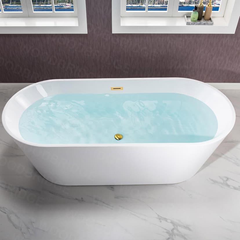 WOODBRIDGE 71" Acrylic Freestanding Bathtub Contemporary Soaking White Tub with Brushed Gold Overflow and Drain,B1701-BG