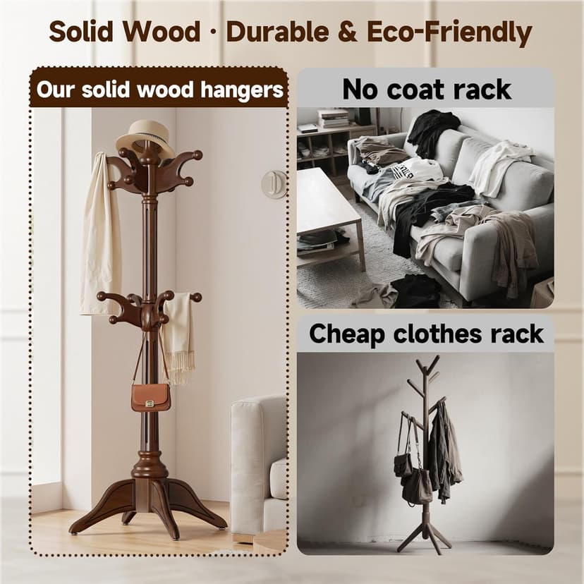 Solid Wood Rotary Coat Rack Freestanding, Heavy Duty Coat Hanger Stand with 2 layer Multi-direction Hooks, 360° Rotating Standing Coat Rack Tree for Entryway, Bedroom, Office, H: 77.6in (Walnut)
