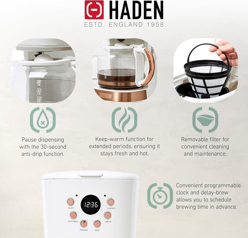 Haden Coffee Machine, 12 Cup Programmable Drip Coffee Maker with Auto Shut-Off Function and Reusable Washable Water Filter, Ivory & Copper