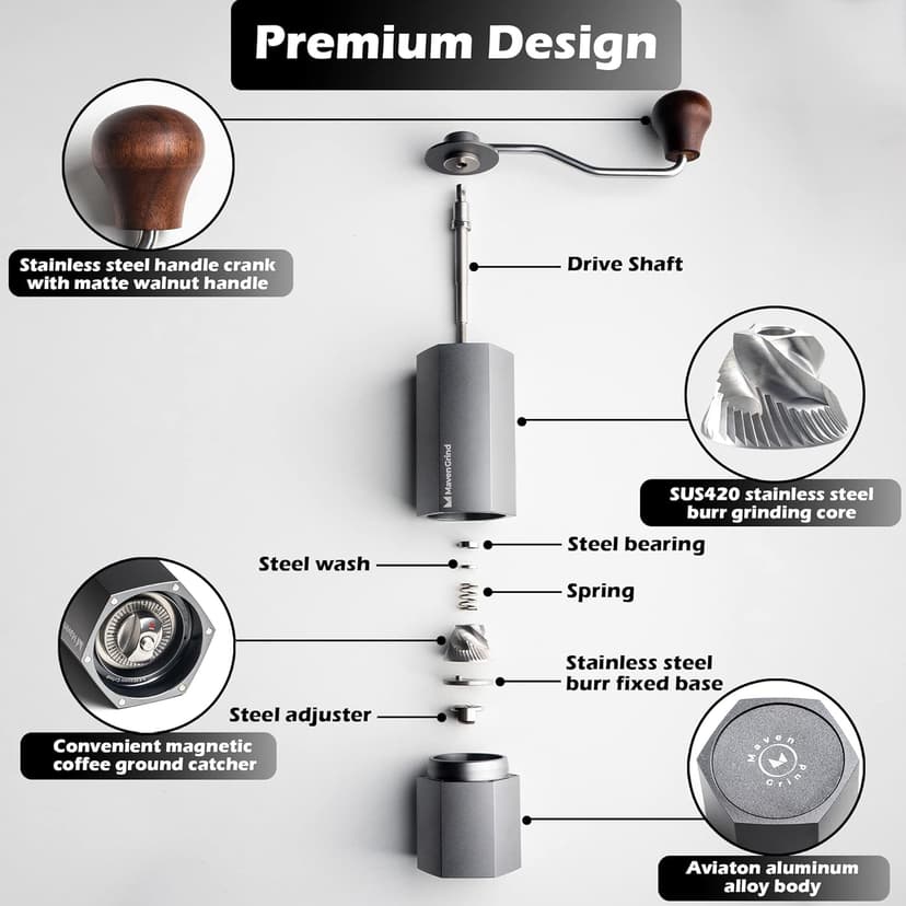 Coffee Bean Grinder - Manual Coffee Hand Grinder For Espresso, Frenchpress, Machine Coffee - Portable Stainless Steel Burr Grinder With Adjustable Coarseness Knob