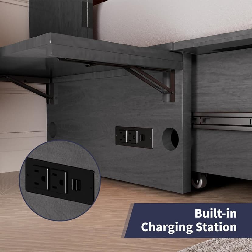 ijuicy Murphy Bed Queen with Foam Mattress, Convenient Murphy Bed Cabinet with Charging Station & Storage Board, Bed That Folds into Cabinet with Large Storage Drawer for Bedroom,Guest Room(Grey)