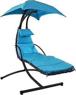 Sunnydaze Floating Chaise Lounger - Outdoor Hanging Patio Swing Chair with Canopy and Arc Stand - 260-Pound Capacity - Teal - 79 Inches Long