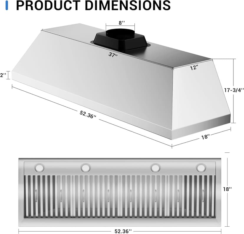 54-inch Range Hood Insert, CT Copper Tailor Built-In Vent Hood Ducted with 4-Speed Fan, 1260 CFM, LED Light, Dishwasher-safe Baffle Filter, in Stainless Steel