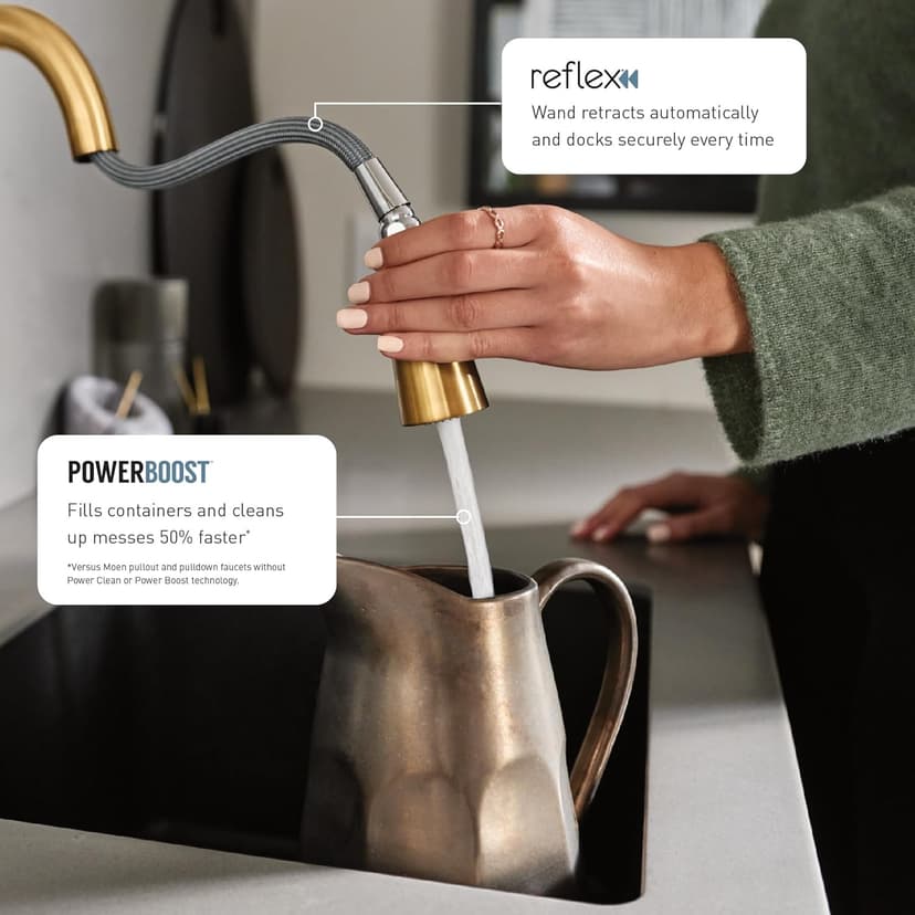 Moen Weymouth Brushed Gold Traditional Shepherd's Hook Pulldown Kitchen Faucet Featuring Pull Down Spray Head with Power Boost, S73004BG