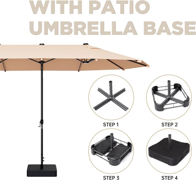15FT Large Patio Umbrella with Base Included, Outdoor Deck Standing Umbrella with Crank Handle, Double-Side Rectangular Pool Umbrella for Outside, Market, Patio, Beige