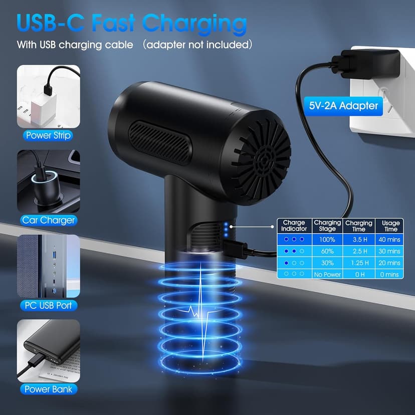 Compressed Air Duster, 100000RPM Handheld Car Vacuum/Air Blower& Pump, 3 Gear Adjustable Electric Air Duster/Car Vacuum Cleaner, Keyboard Duster with LED Light-10 Kits Air Blower for Computer(Black)