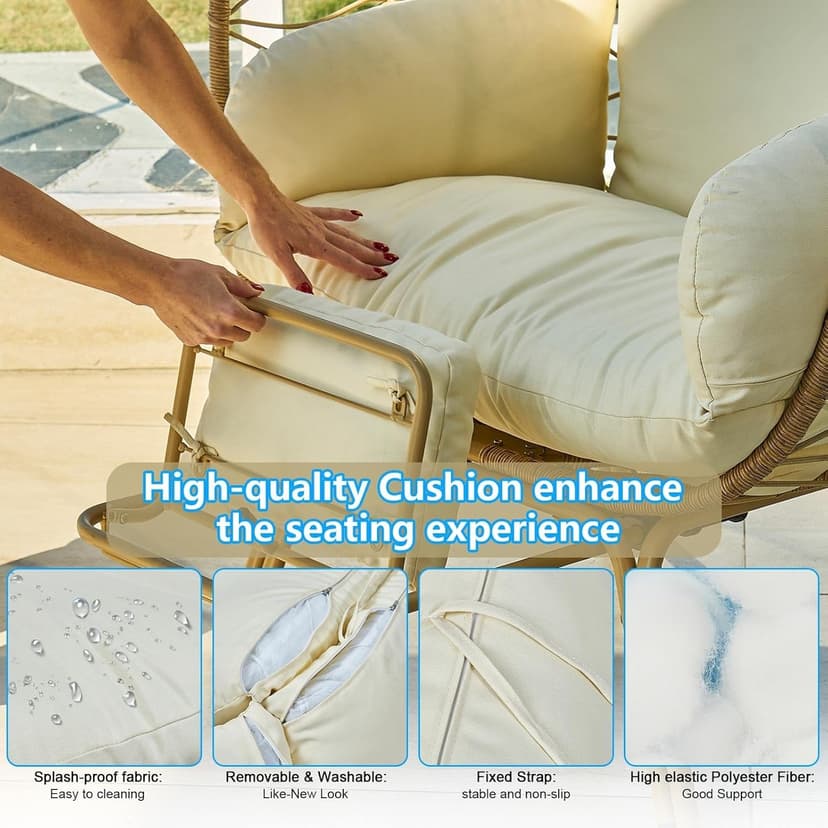 Wicker Egg Chair with Footrest & Cushions - Oversized 450lb Capacity Boho Wicker Egg Chair with Ottoman for Indoor/Outdoor - Beige Rattan Lounge Seat for Patio, Balcony, Garden, Home