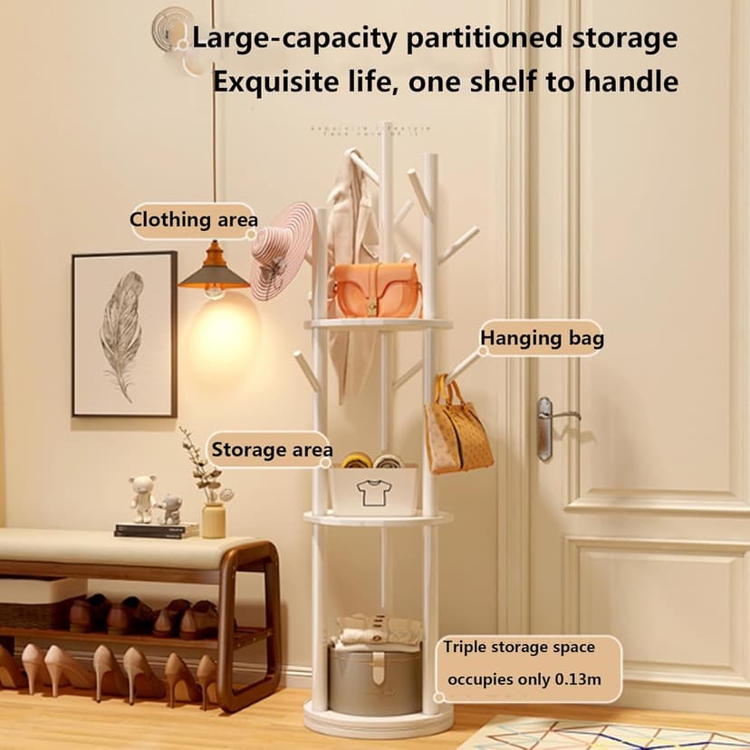 Solid Wood Rotary Coat Rack, Freestanding Coat Rack with 3 Shelves and 9 Hooks, Coat Tree for Bedroom, Entryway, Livingroom, Coat Hanger Stand,Walnut