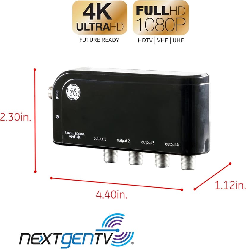 GE 4-Way HD Digital TV Antenna Amplifier, Low Noise Antenna Signal Booster, Clears Up Pixelated Low-Strength Channels, Supports Multiple HD Smart TVs, AC Adapter, Black, 34479