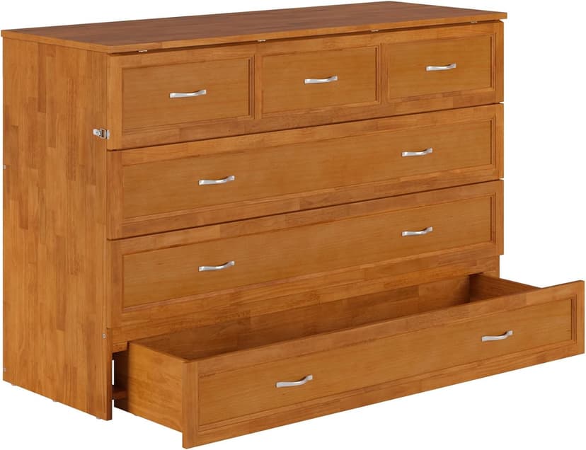 AFI, Northfield Queen Murphy Bed Chest with 6" Mattress, Storage Drawer & Built-in USB Charger, Light Toffee